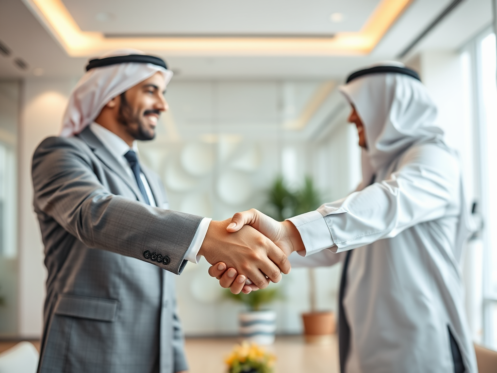 Two men in business attire shake hands in a modern office setting, with greenery and decor in the background.