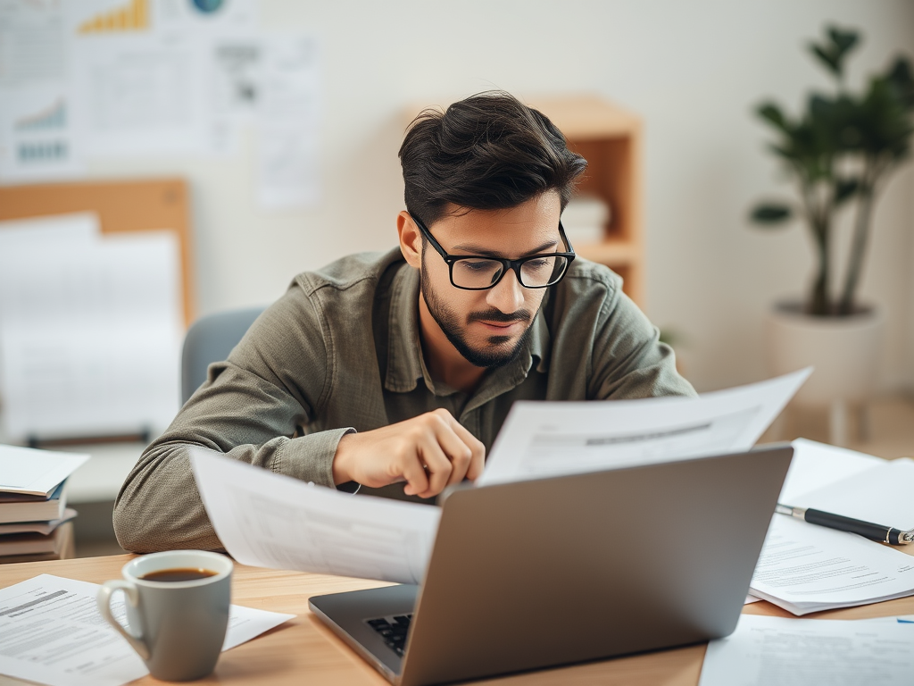 A man with glasses examines documents while working at a desk with a laptop and a coffee cup.