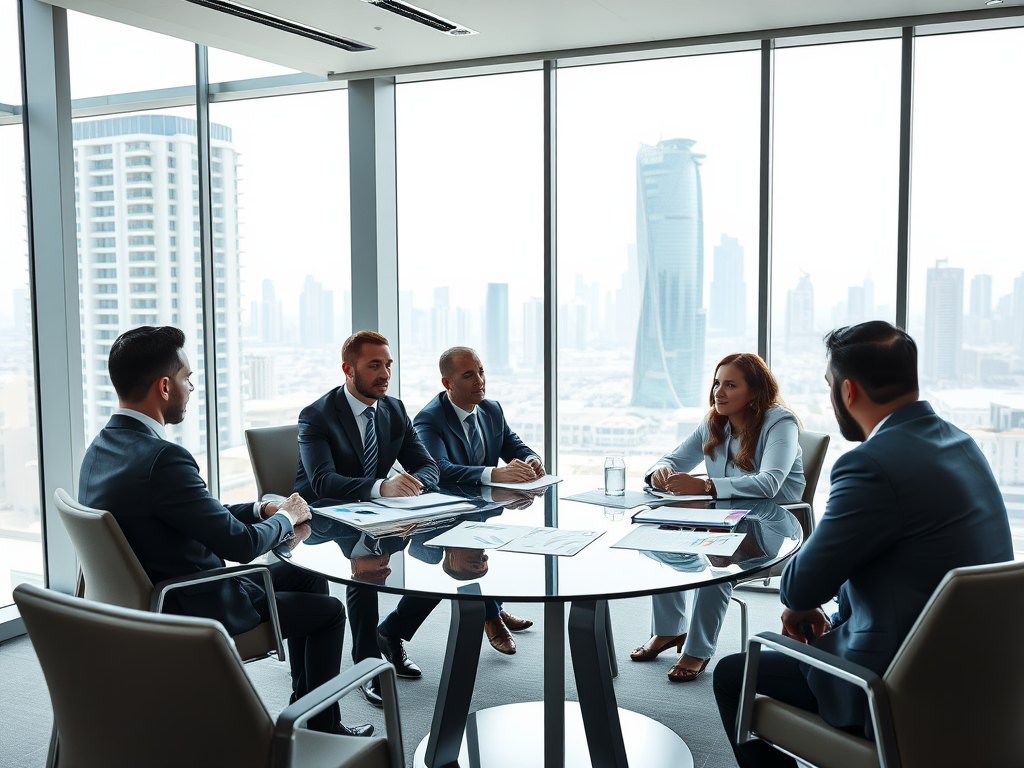 A business meeting with five professionals in suits discussing over documents, with a city skyline in the background.