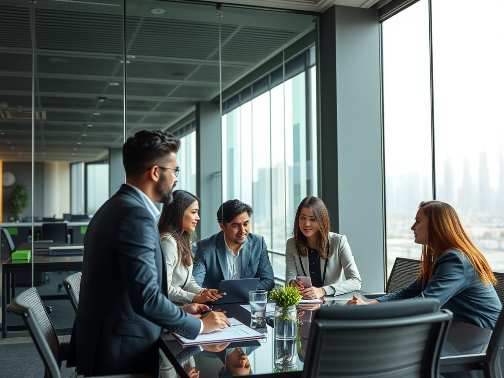 A group of professionals collaborates at a conference table in a modern office with large windows and city views.