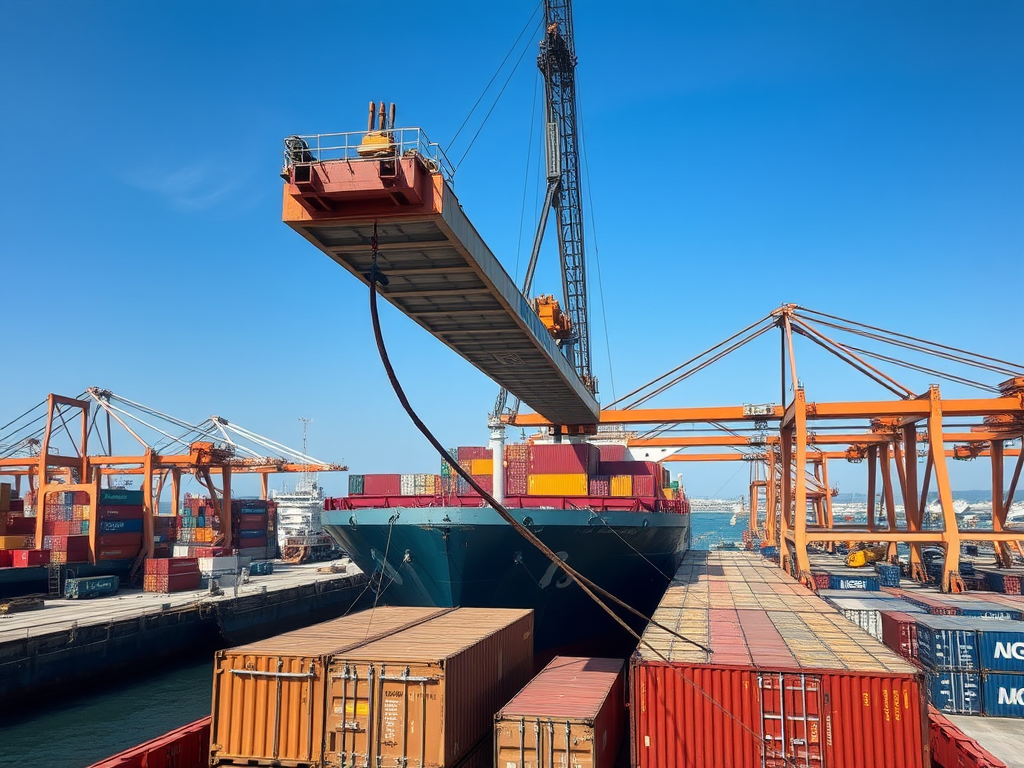 A crane lifts containers onto a cargo ship at a busy port under a clear blue sky.