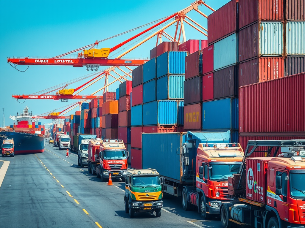 A busy port scene with colorful shipping containers, cranes, and trucks lined up for loading and unloading operations.