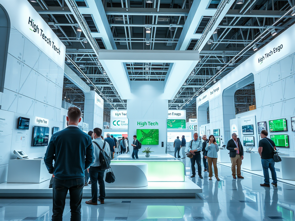 A modern exhibition hall featuring displays and attendees engaged with high-tech products and information.