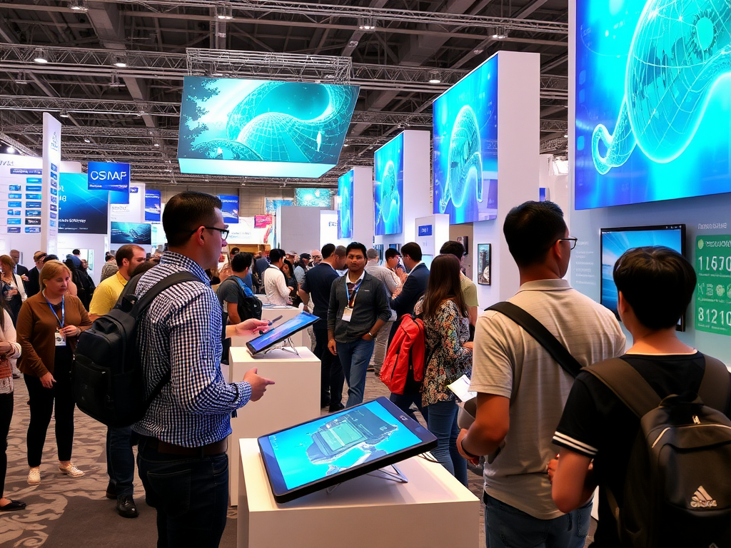 A busy exhibition hall with people interacting with digital displays and screens showcasing technology.