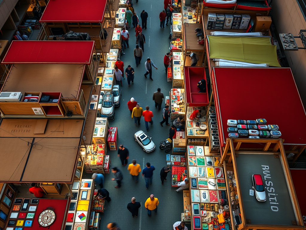 A bustling market scene from above, with colorful stalls and people browsing various goods.