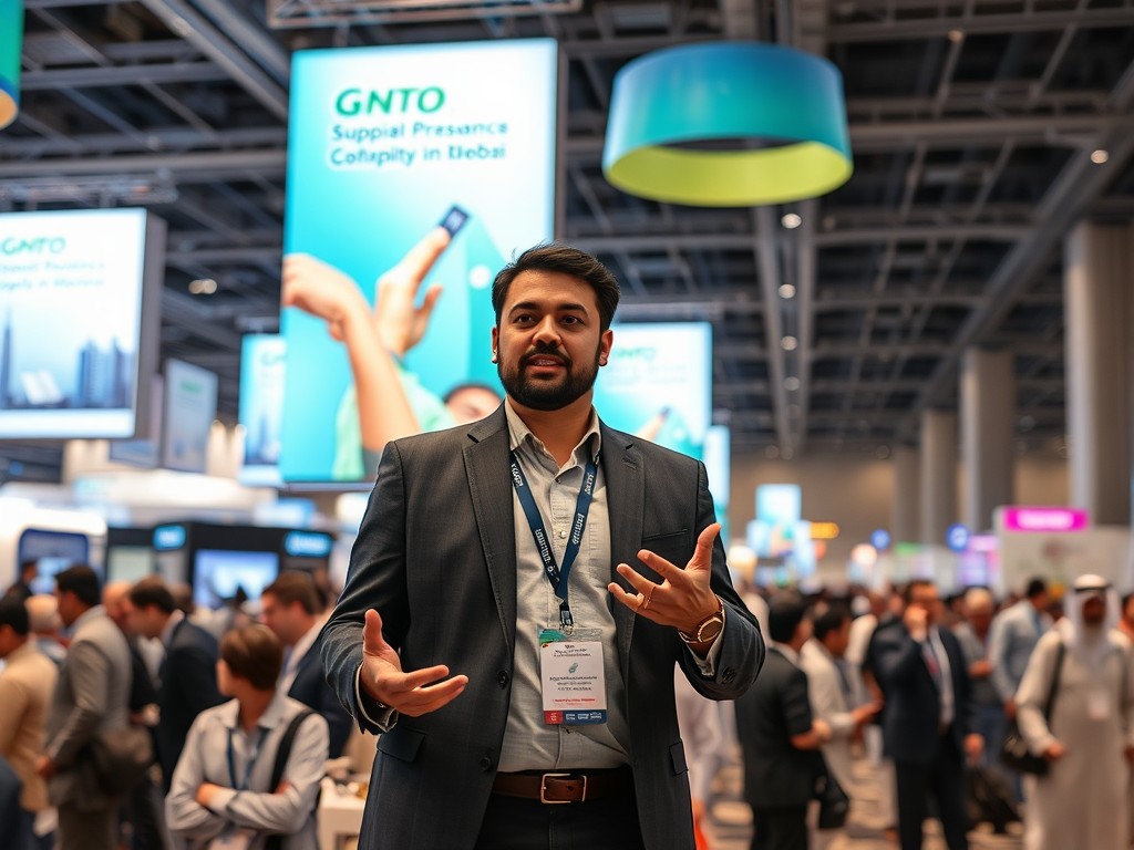 A man in a suit gestures while speaking at a busy event with large screens in the background showcasing promotional content.