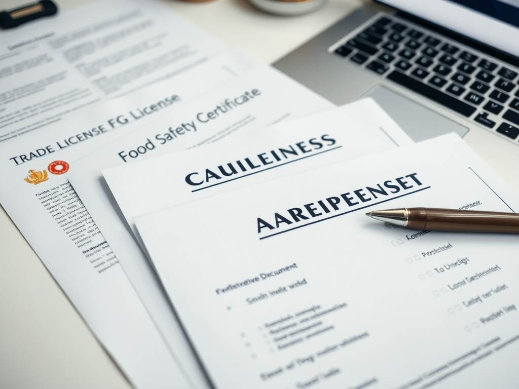 Documents on a desk include a Trade License, Food Safety Certificate, and other official papers with a pen.