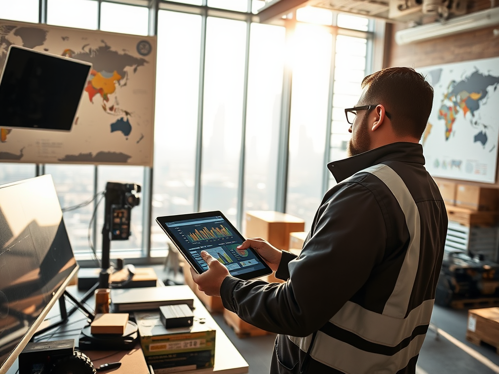 A person in a work uniform examines data on a tablet in a modern office with maps and a city view.